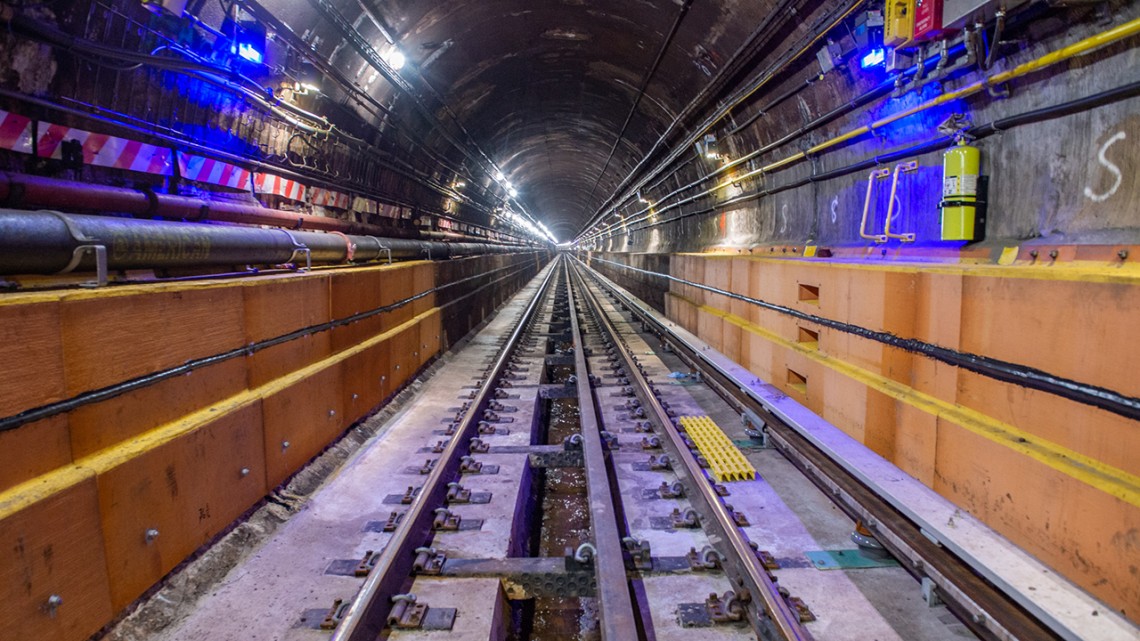 The Canarsie Tunnel, where the L train connecting the boroughs of Manhattan and Brooklyn runs in New York City.