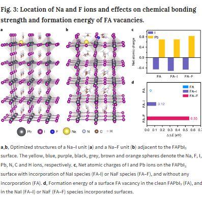Location of Na and F ions and effects on chemical bonding strengths and formation energy of FA vacancies