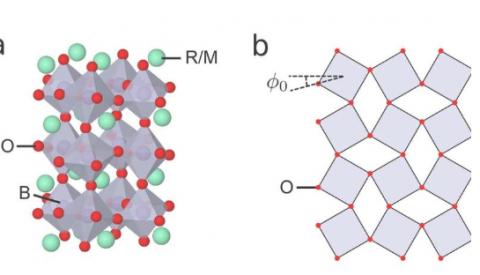 (a) Crystal structure of perovskite transition metal oxide (B = manganese or nickel, R = rare earth and M = alkaline earth metal). (b) Two-dimensional representation of tilt angle introduced into the crystal structure. Credit: Argonne National Laboratory.