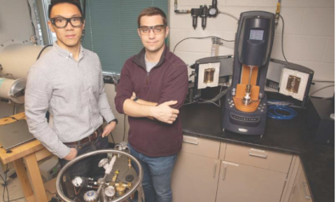 1 / 1Materials science and engineering professor Christopher Evans, right, and graduate student Brian Jing have developed a solid battery electrolyte that is both self-healing and recyclable. 