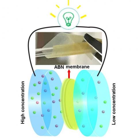 This diagram depicts bio-inspired nanocomposite membranes for efficient blue energy harvesting.