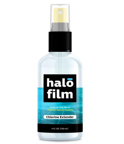 HaloFilm can be applied to a wide range of surfaces and materials. Once it is sprayed on, any chlorinated cleaner or off-the-shelf sanitizer can be applied atop it. HaloFilm locks in the chlorine and aims to keep high-touch surfaces free of bacteria and viruses for up to a week before the disinfectant or sanitizer needs to be reapplied.