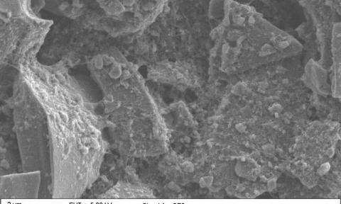 SEM image of hybrid anode material. Mesoporous silicon microparticles are bound together with carbon nanotubes at multiple points. Credit: Timo Ikonen